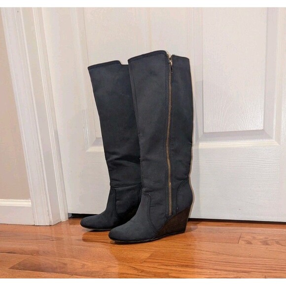 Fergalicious Womens Size 9 by Fergie Ornate Wedge Navy Blue Knee High Boots - Picture 1 of 6